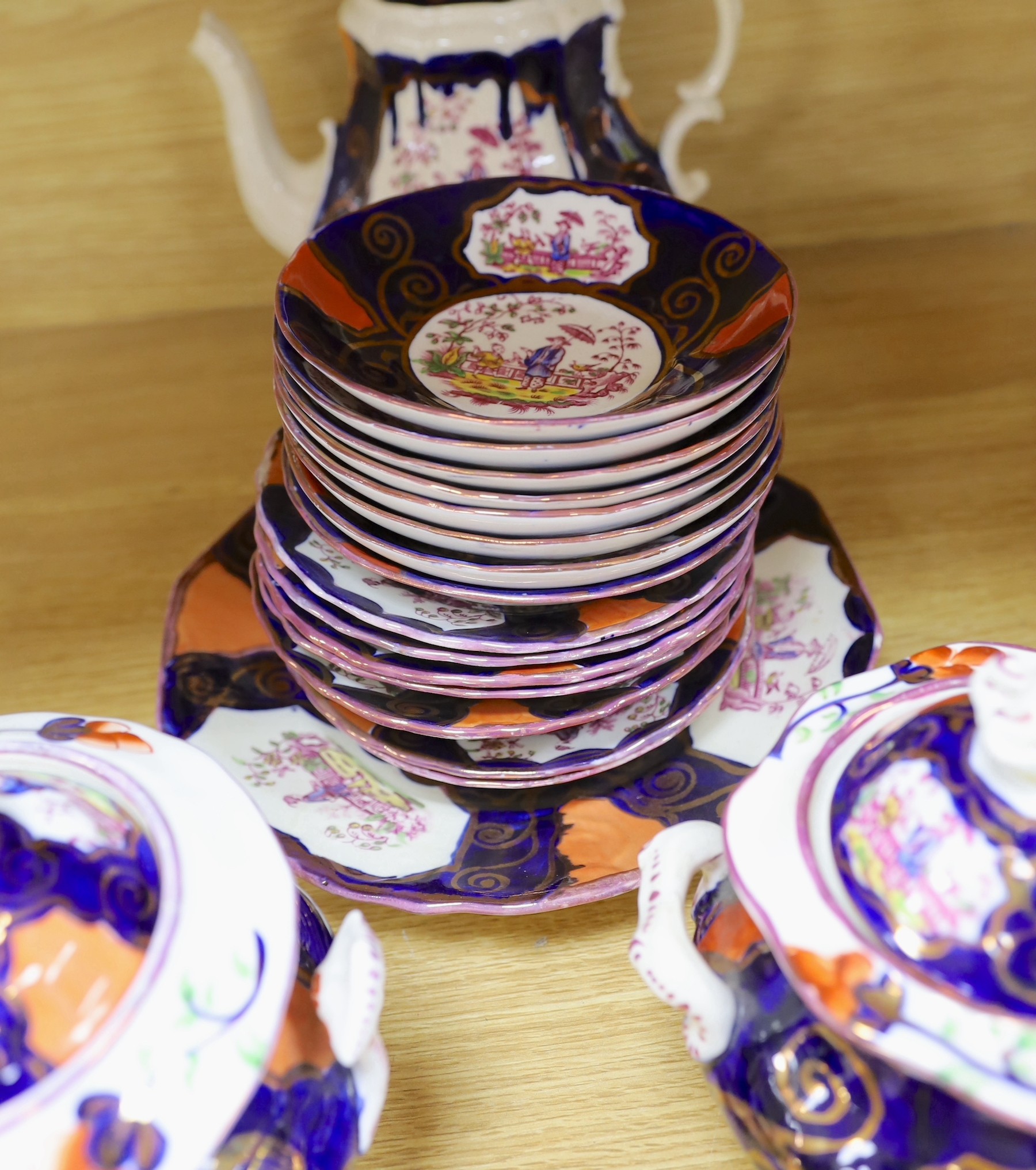 A quantity of Gaudy Welsh lustre tea wares with chinoiserie motifs